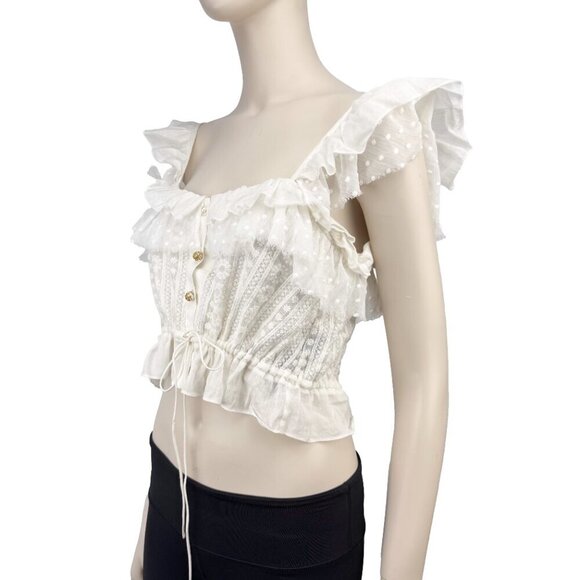 THE KOOPLES Feminine Embroidered Whiteโ Ruffled Crop Sheer Blouse Frilled Top S - Picture 4 of 14